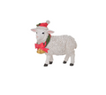 A white decorative sheep figurine wearing a red Santa hat, a red bow with a gold bell, and a green holly garland, shown on a plain white background.