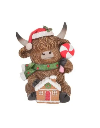 Xmas Highland Cow Sitting with Gingerbread House