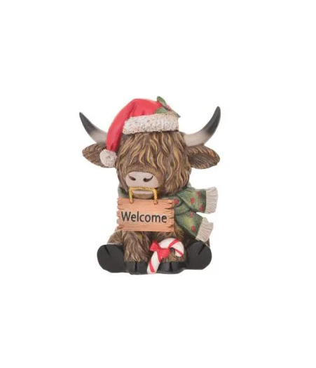 Xmas Highland Cow Sitting with Sign