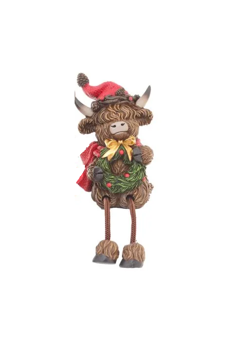Xmas Highland Cow with Wreath & Dangly Legs