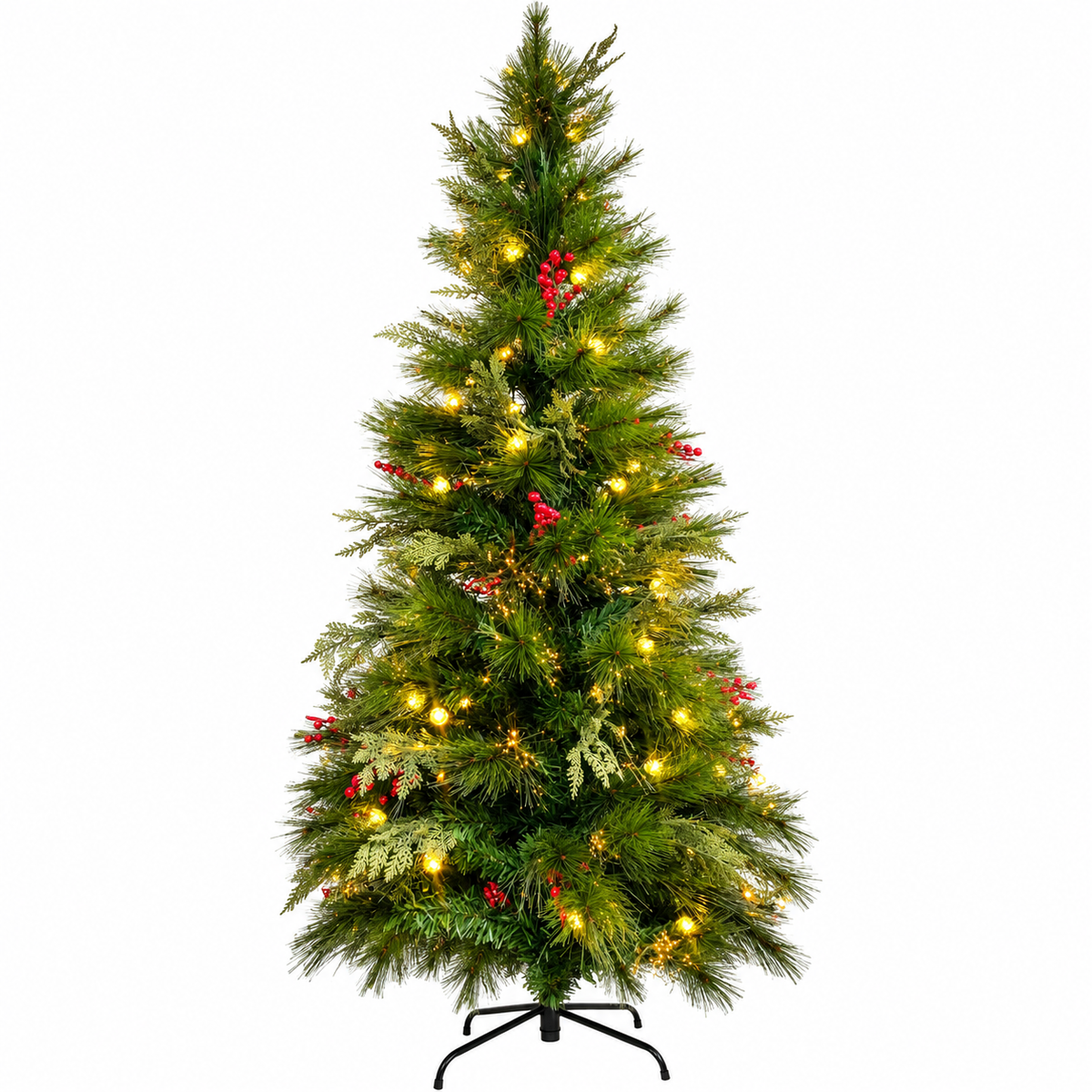 210cm Warm White Fibre Optic Christmas Tree with Berries, Pinecones & Star