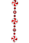 A vertical string of red and white candy-themed beads, featuring large peppermint candies, small swirl candies, and glossy red beads, set against a plain white background.