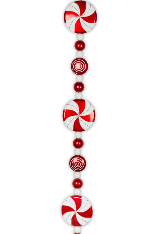 A vertical string of red and white candy-themed beads, featuring large peppermint candies, small swirl candies, and glossy red beads, set against a plain white background.