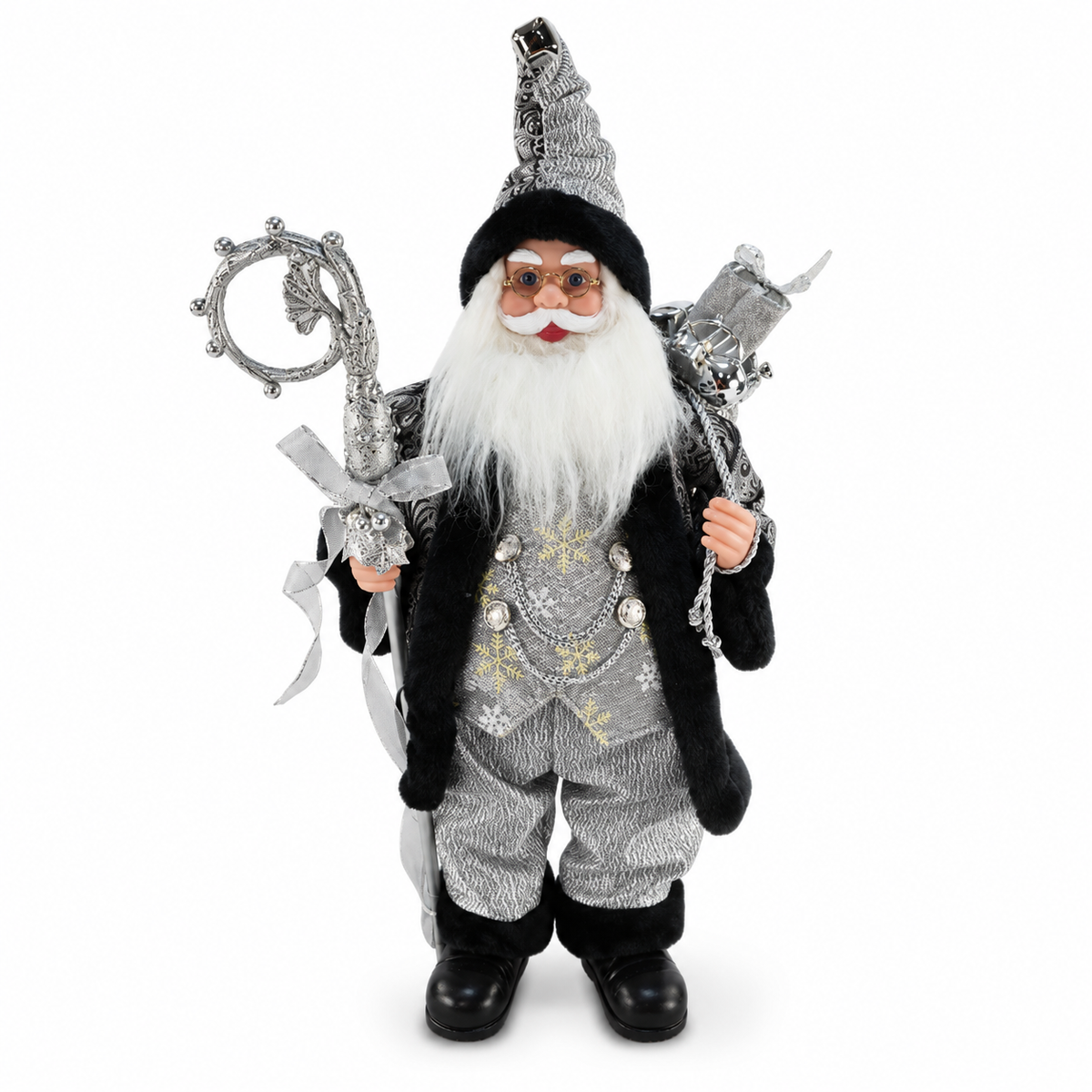 A decorative wizard Santa Claus figurine wearing a silver patterned robe, black hat and boots, with a long white beard and holding a silver staff, photographed on a white background.
