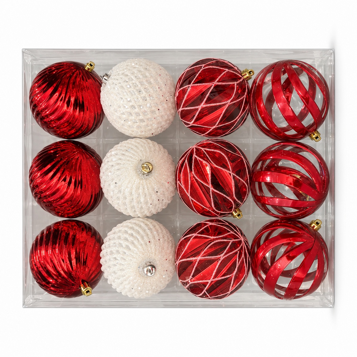 Red & White Christmas Baubles – 12 Pack