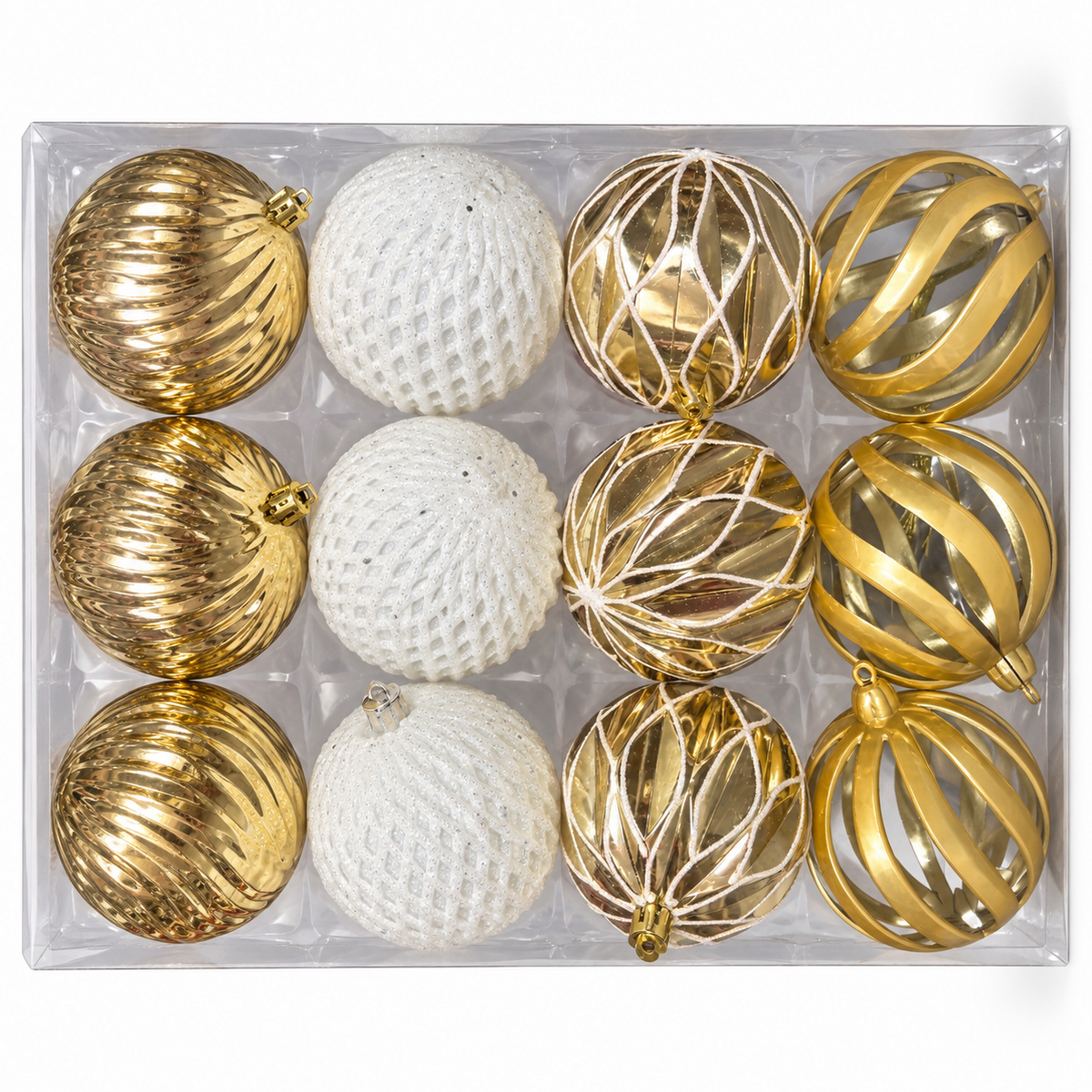 Gold & White Christmas Baubles – 12 Pack