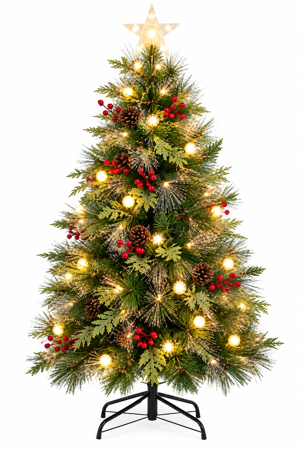 150cm Warm White Fibre Optic Christmas Tree with Berries, Pinecones & Star