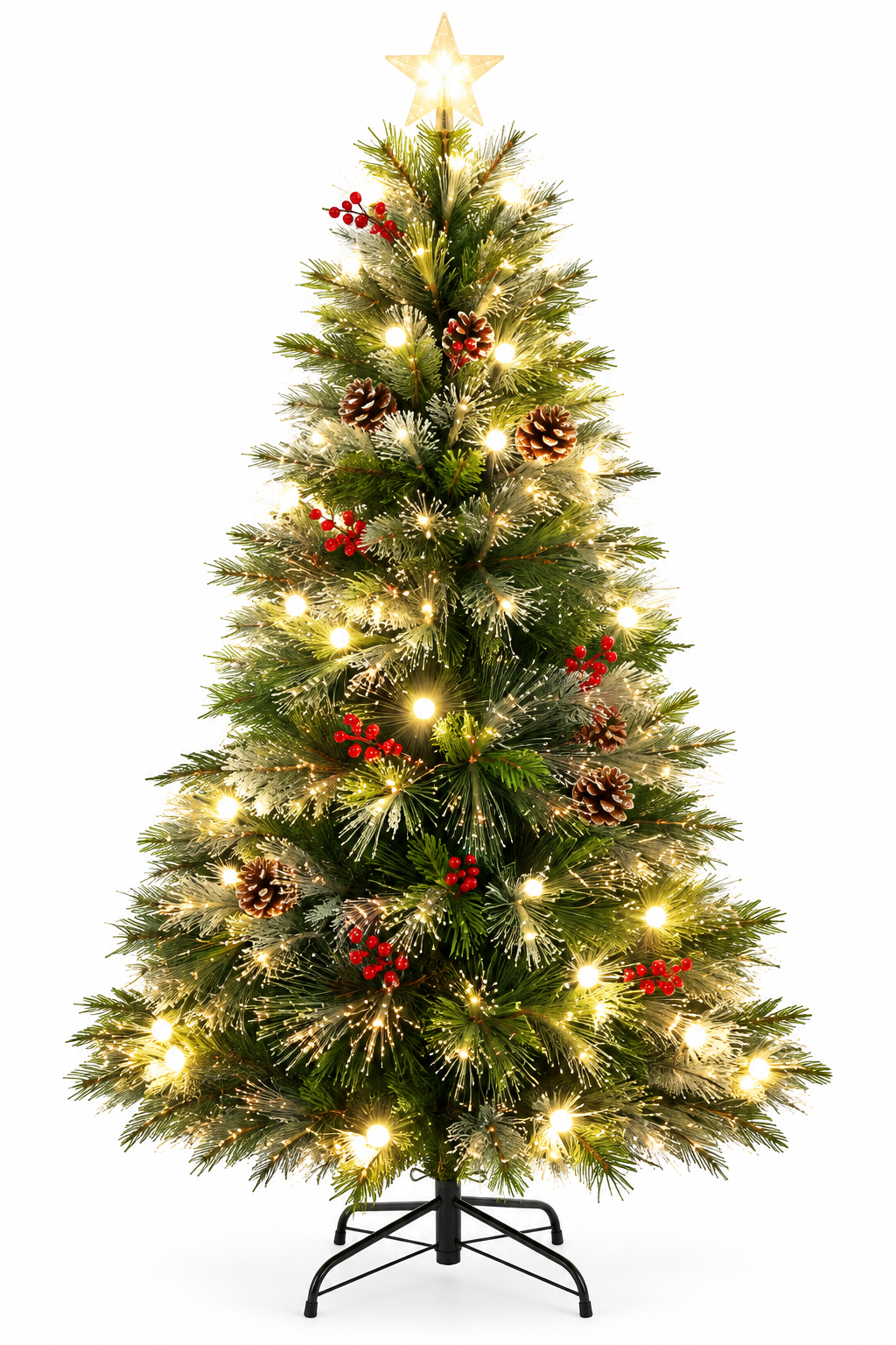 150cm Warm White Fibre Optic Christmas Tree with Berries, Pinecones & Star