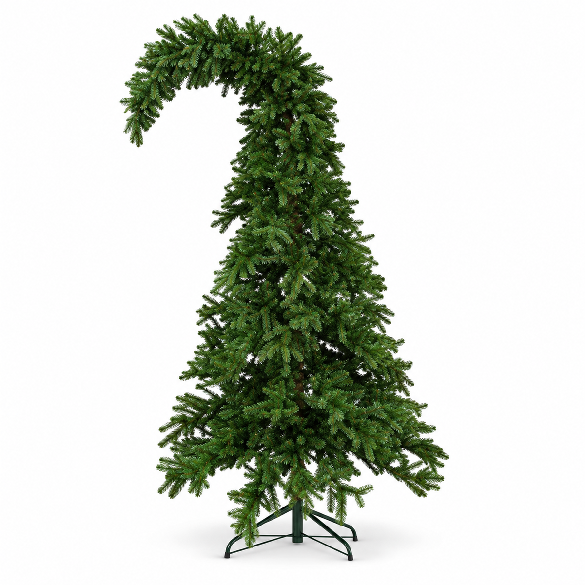 A green artificial Christmas tree with a distinctive curved, hook-like top section
