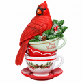 Red Cardinal on Stacked Teacups
