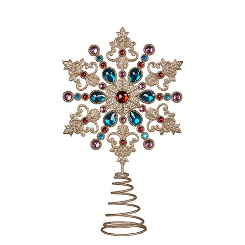 An ornate snowflake-shaped tree topper with a spiral metal stake, featuring a gold-toned filigree design adorned with blue, purple, red, and orange faux jewels, shown on a plain white background.