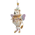 A hanging fairy ornament shaped like a teddy bear, with pastel pink and lavender wings, a gold star wand, and glittery gold and pink details on a plain white background.