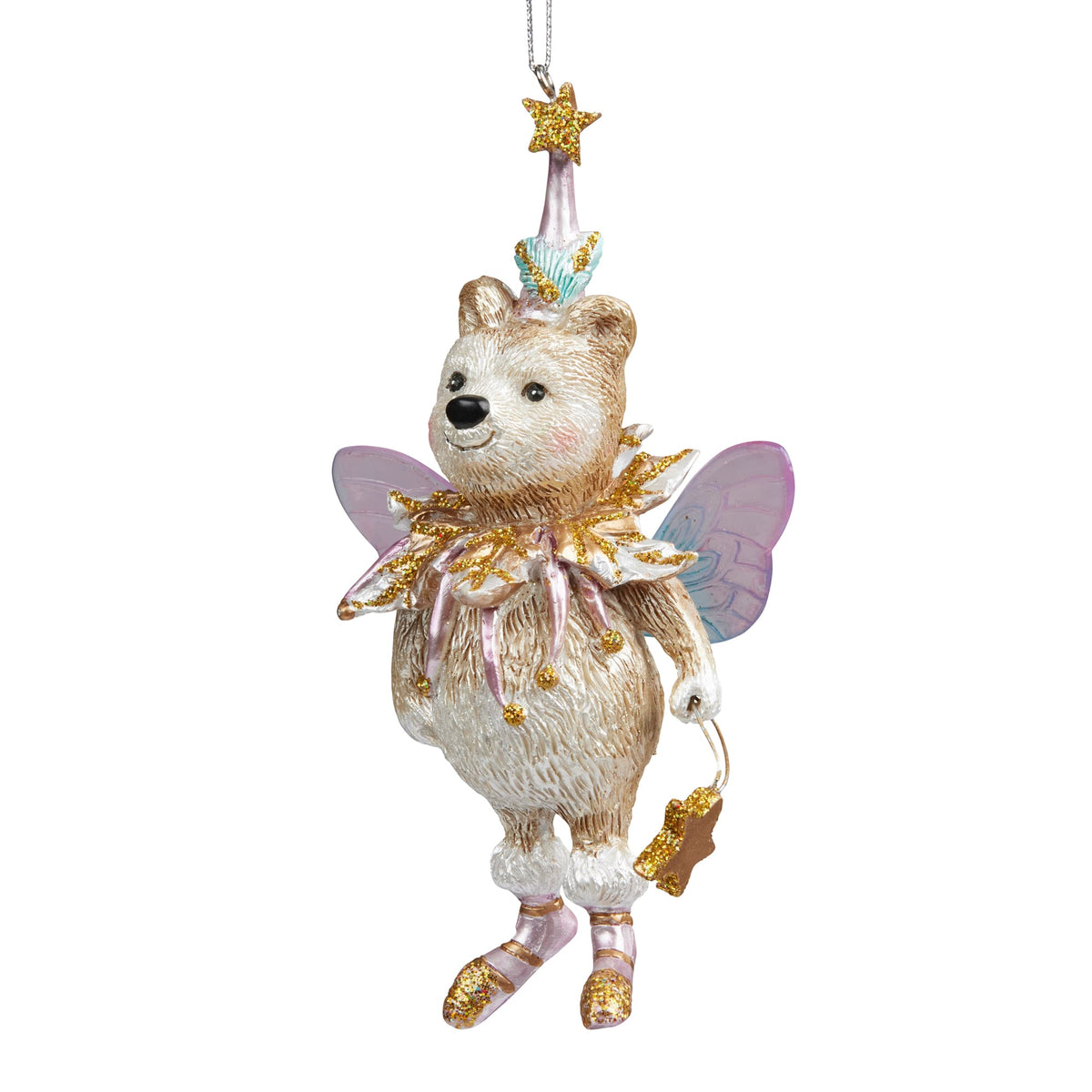 A hanging fairy ornament shaped like a teddy bear, with pastel pink and lavender wings, a gold star wand, and glittery gold and pink details on a plain white background.