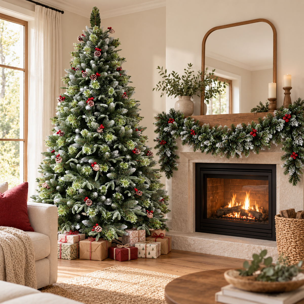 Snow Tip Garland with Red Berries and Pinecones 270cm