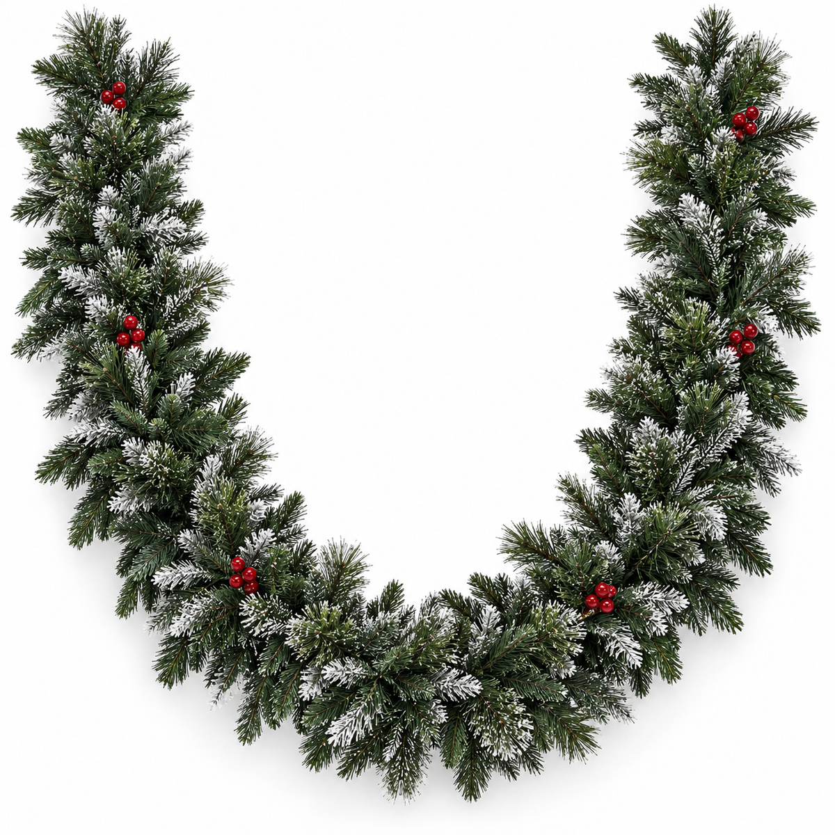 A festive artificial Christmas garland with frosted green pine branches and small red berry accents. 