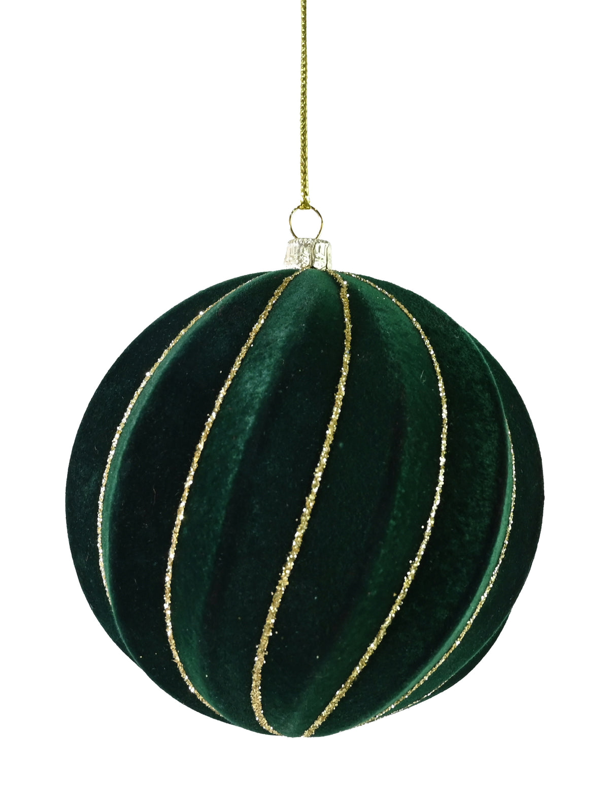 Green Flocked Rib Glitter Bauble 10cm