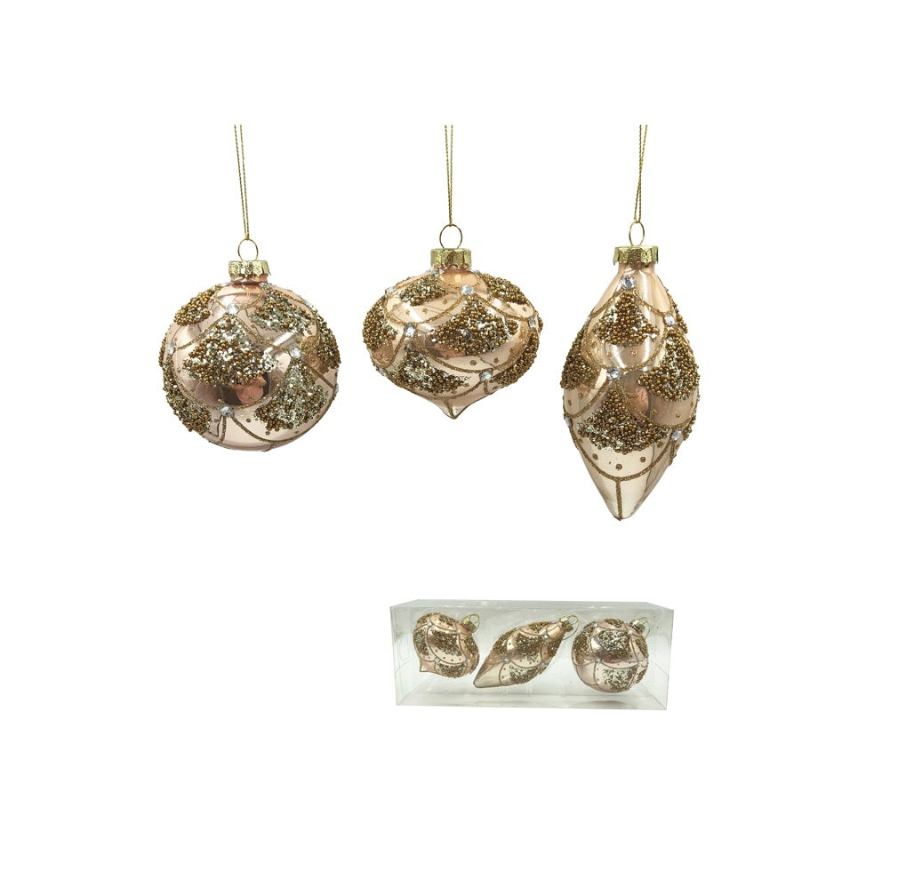 Glass Gold Beaded Set of 3 Bauble 8cmD