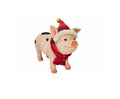 A small pig figurine wearing a red Santa hat with white trim and a red scarf, shown on a plain white background.