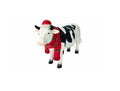 A decorative cow figurine with a black and white spotted pattern, wearing a red Santa hat and a red and green striped scarf, isolated on a white background.