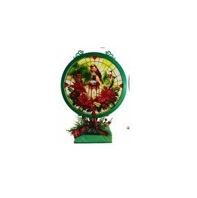 A festive round Christmas wreath hanging ornament with a green frame, featuring a Santa Claus illustration and red poinsettias, mounted on a matching green base against a white background.