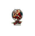 A round Christmas ornament featuring Santa Claus and a reindeer, displayed on a small decorative stand with red plaid accents against a plain white background.