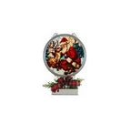 A round Christmas ornament featuring Santa Claus and a reindeer, displayed on a small decorative stand with red plaid accents against a plain white background.