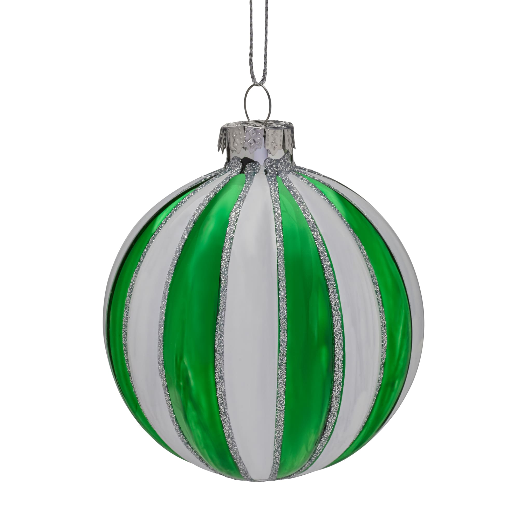 Green & White Striped Glass Bauble – 8cm